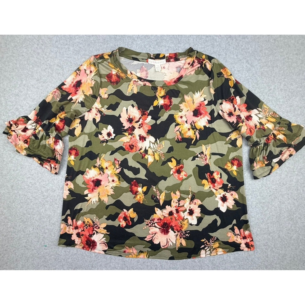 Eye Candy Women 1X Camo Floral Ruffle Sleeve Top Green Pink Blouse